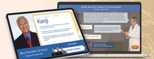 Two tablets displaying screenshots of the Bridging Specialties®: Timely Diagnosis and Treatment for COPD modules